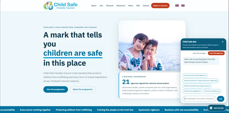Child Safe Friendly Tourism website with the headline A mark that tells you children are safe in this place