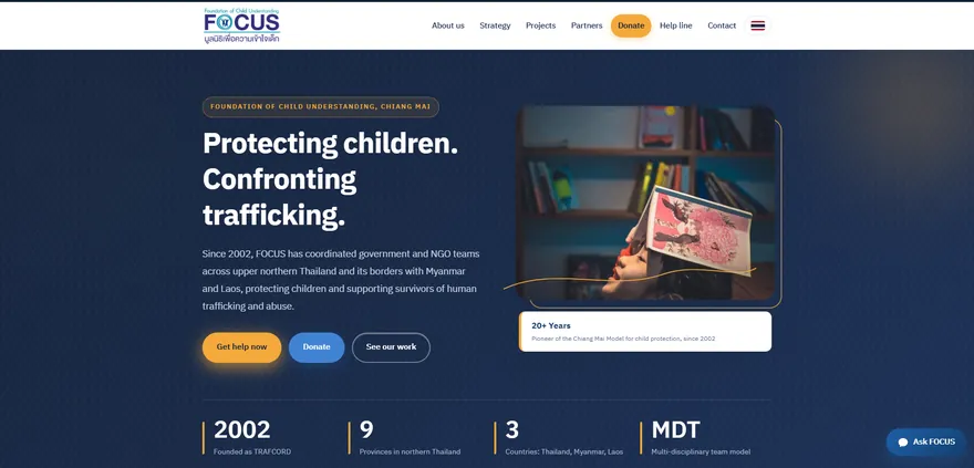 FOCUS Thailand website with the headline Protecting children, Confronting trafficking