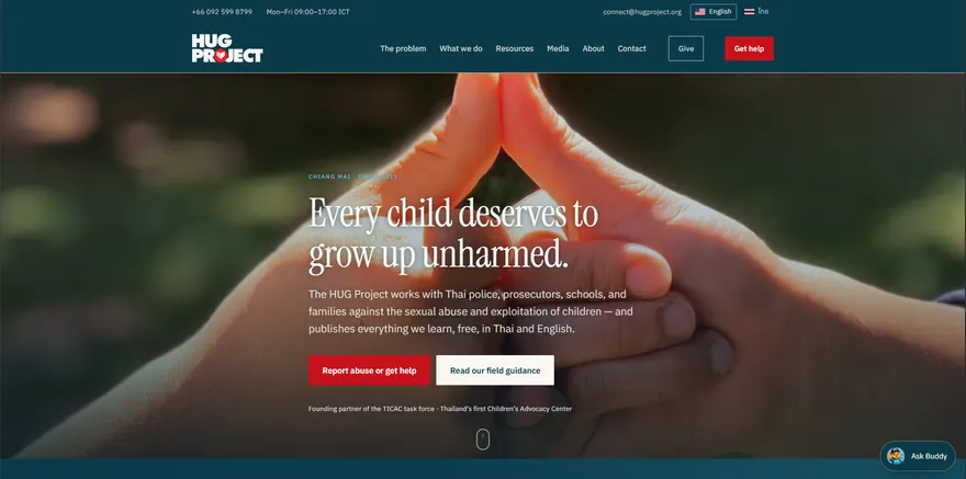 HUG Project website with the headline Every child deserves to grow up unharmed