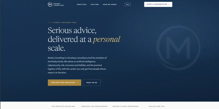 Mosby Consulting website with the headline Serious advice, delivered at a personal scale