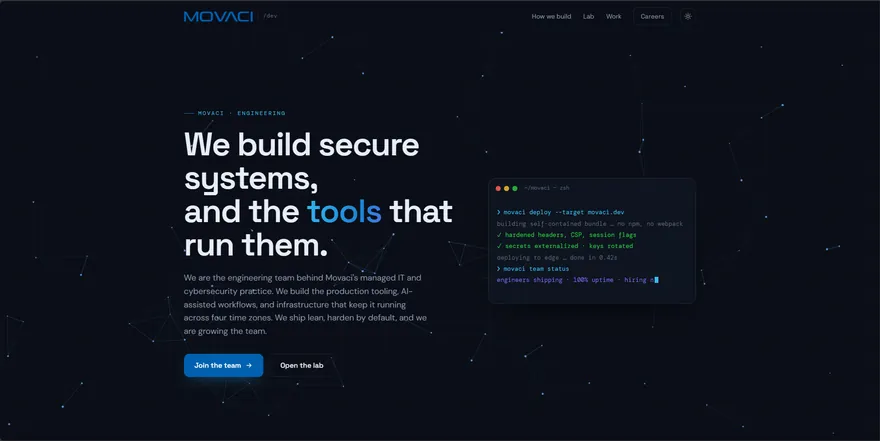 Movaci Dev website with the headline We build secure systems, and the tools that run them, with a terminal panel