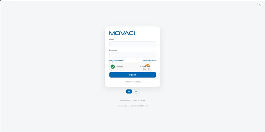 Movaci HR sign-in page with email and password fields and a Cloudflare verification