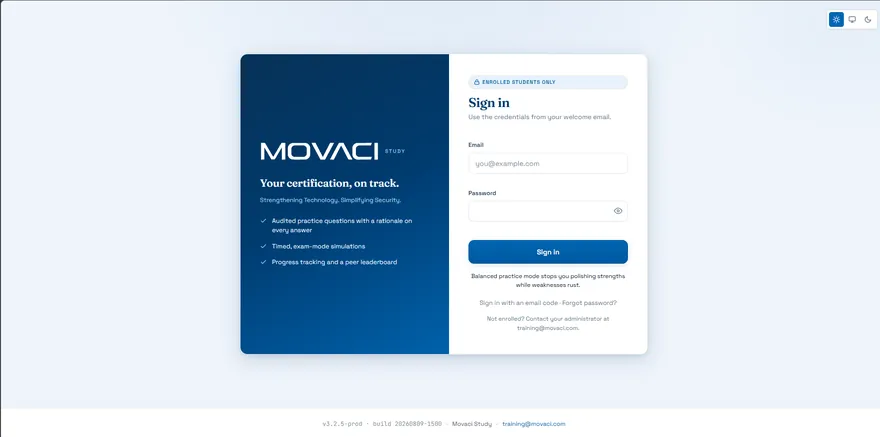 Movaci Study sign-in page with the headline Your certification, on track