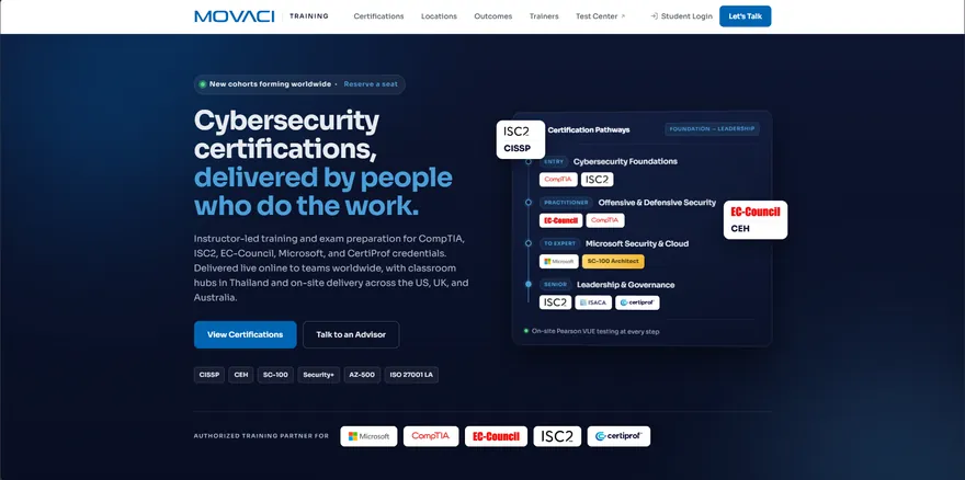 Movaci Training website with the headline Cybersecurity certifications, delivered by people who do the work, and a certification pathways panel